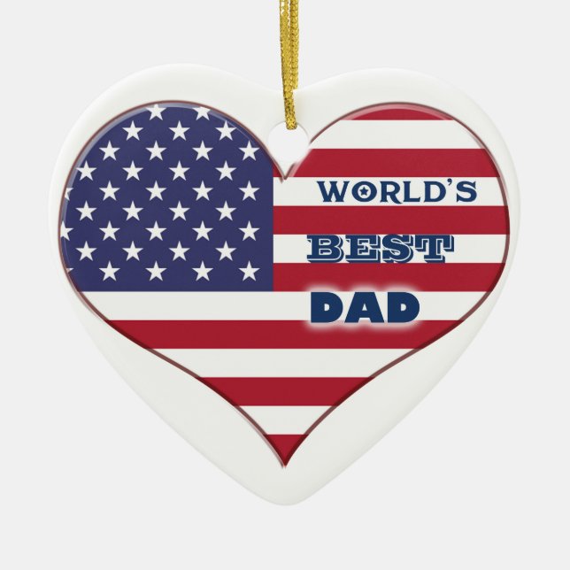 World's Best Dad American Flag Heart Ceramic Tree Decoration (Front)