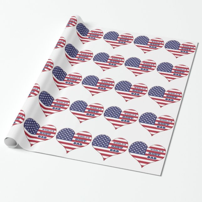 World's Best Dad American Flag Heart Wrapping Paper (Unrolled)