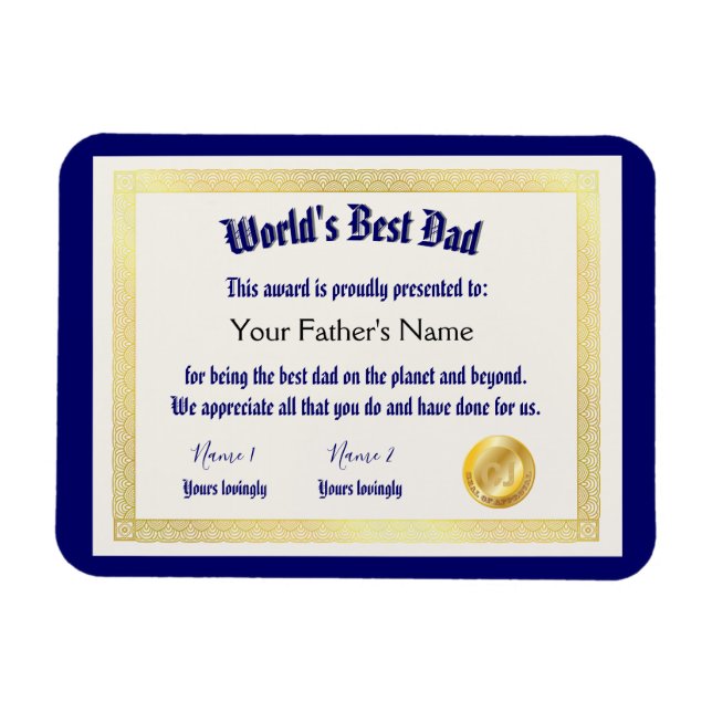 World's best dad award certificate funny   magnet (Horizontal)
