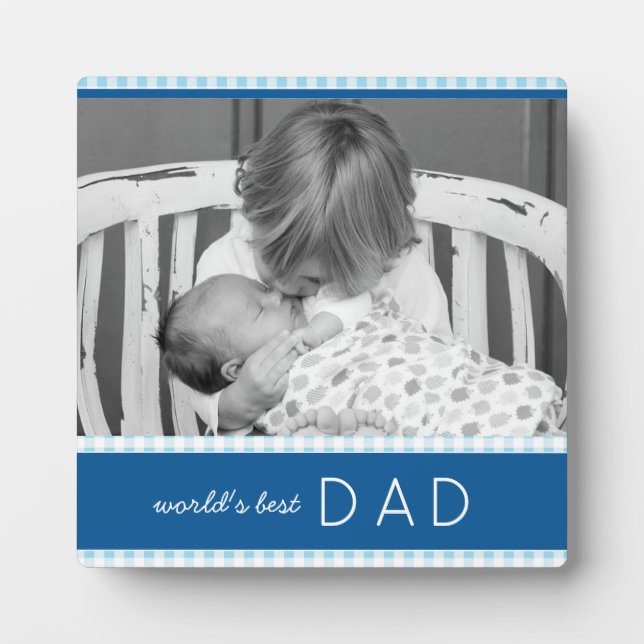 World's Best Dad Plaid Blue Personalised Photo Plaque (Front)