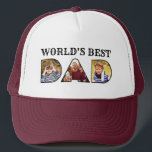 World's Best Dad Quote Modern 3 Photo Collage Trucker Hat<br><div class="desc">This modern personalised trucker hat for fathers features a three photo collage design reading "World's Best Dad". Fill in the lettering with your favourite family photos for a unique gift to your father. Designed by ©Susan Coffey.</div>