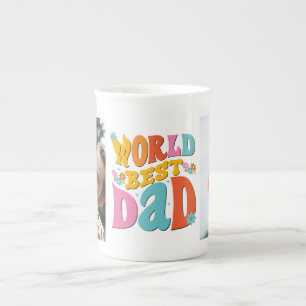 World's Best Dad Retro 2 Photo Collage Bone China Mug