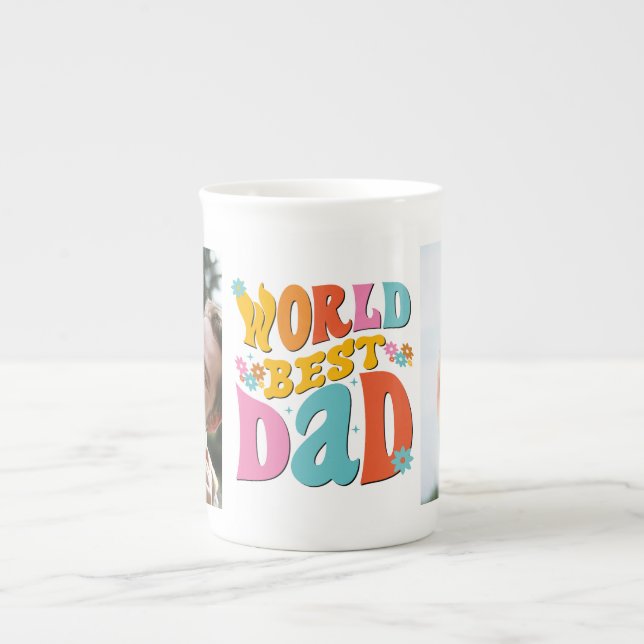  World's Best Dad Retro 2 Photo Collage Bone China Mug (Front)