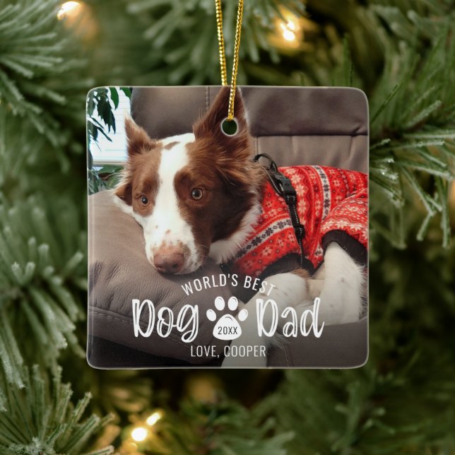 WORLD'S BEST DOG DAD 2 Photos Paw Print Keepsake Ceramic Ornament (Tree)