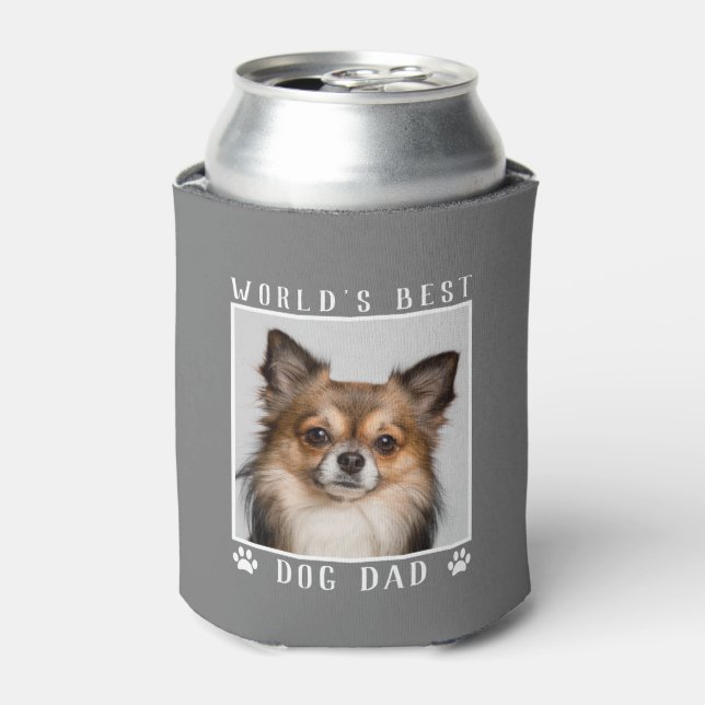 World's Best Dog Dad Paw Prints Pet Photo Grey Can Cooler (Can Front)