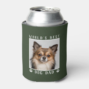 World's Best Dog Dad Paw Prints Pet Photo on Green Can Cooler