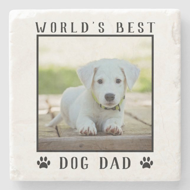 World's Best Dog Dad Paw Prints Pet Photo Stone Coaster (Front)