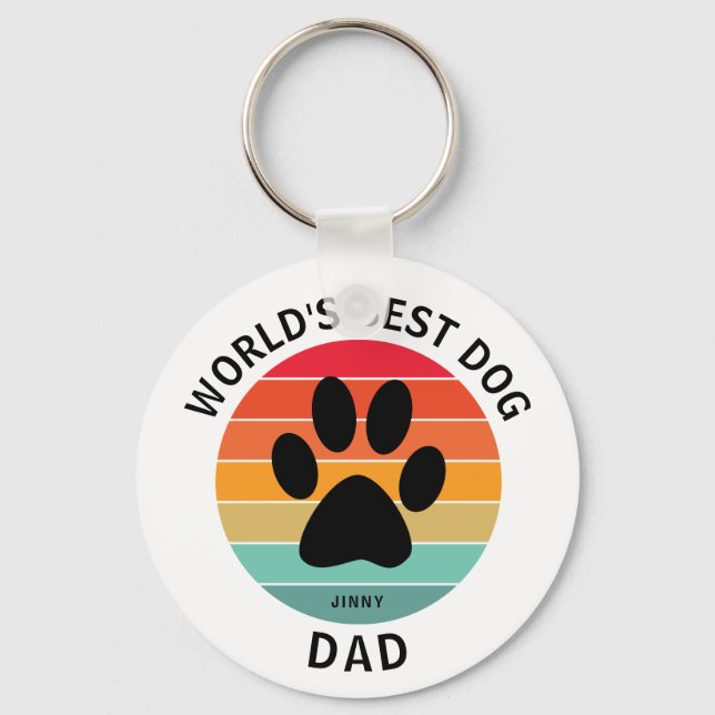  World's Best Dog Dad Pawprint Retro Sunset Custom Key Ring (Front)
