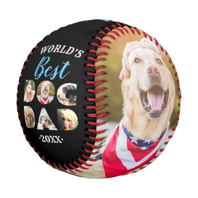Worlds Best Dog Dad Photo Collage Black White Baseball (Angled)