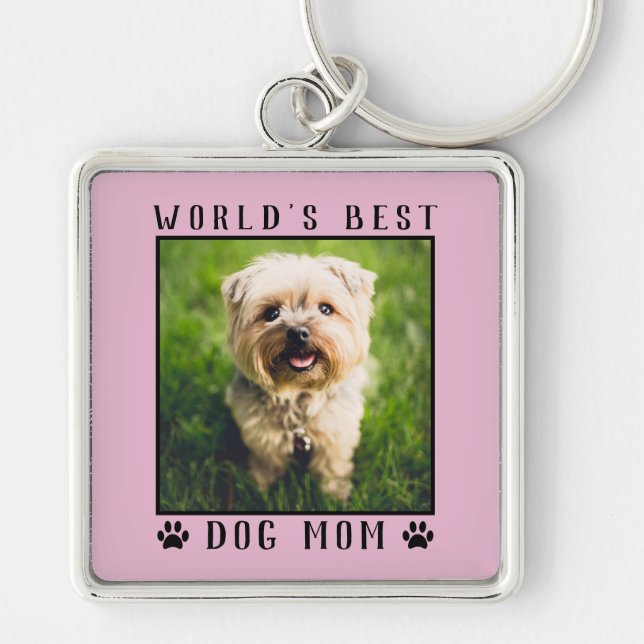 World's Best Dog Mom Paw Prints Pet Photo Pink Key Ring (Front)