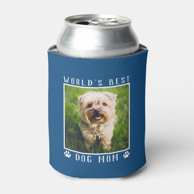 World's Best Dog Mum Paw Prints Photo on Blue Can Cooler (Can Front)
