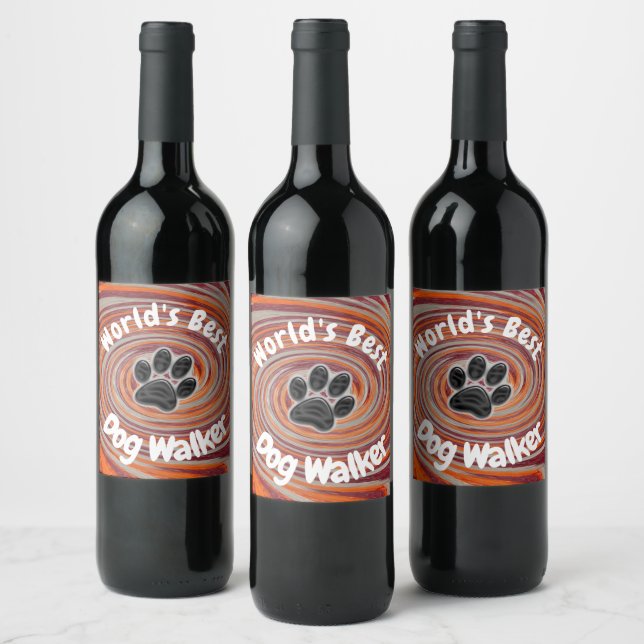 Worlds Best Dog Walker Groovy Paw Print Puppy Pet Wine Label (Bottles)