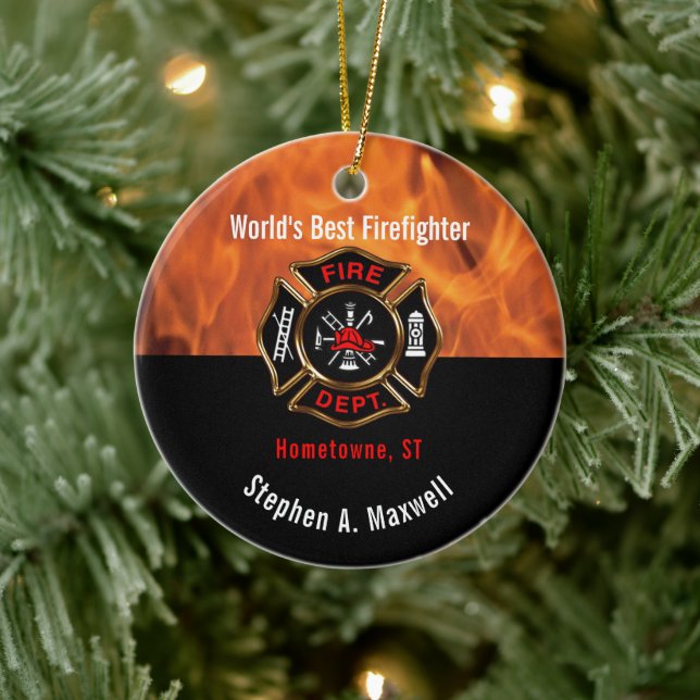 World's Best Firefighter Flames Class | Photo Ceramic Tree Decoration (Tree)