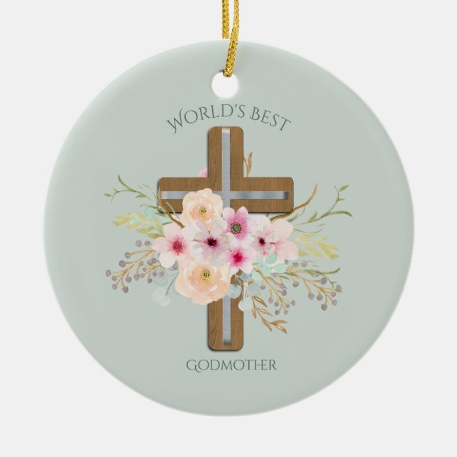 World's Best GODMOTHER Gift - Floral Cross Ceramic Tree Decoration (Front)
