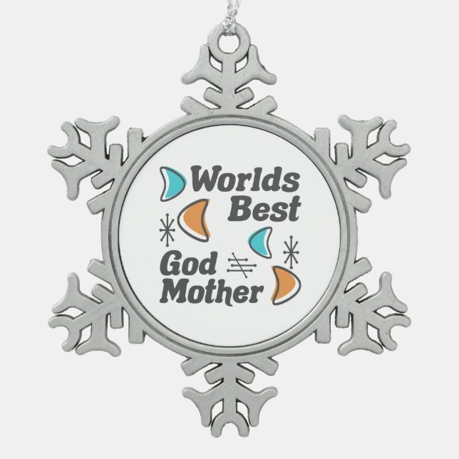 Worlds Best Godmother Retro Snowflake Pewter Christmas Ornament (Front)