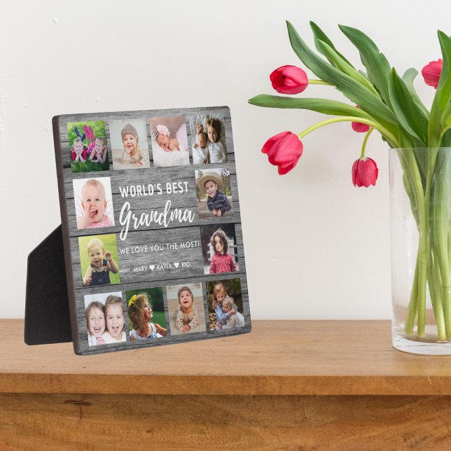World's Best Grandma 12 Photo Grandkids Grey Wood Plaque (Creator Uploaded)
