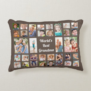 World's Best Grandma 32 Family Photo Collage Brown Decorative Cushion