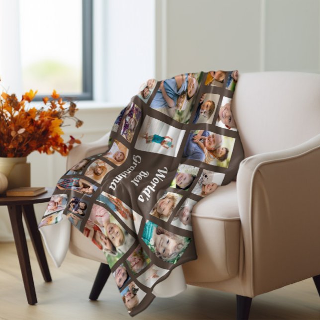 World's Best Grandma 32 Family Photo Collage Brown Fleece Blanket (World's Best Grandma 32-photo fleece blanket)