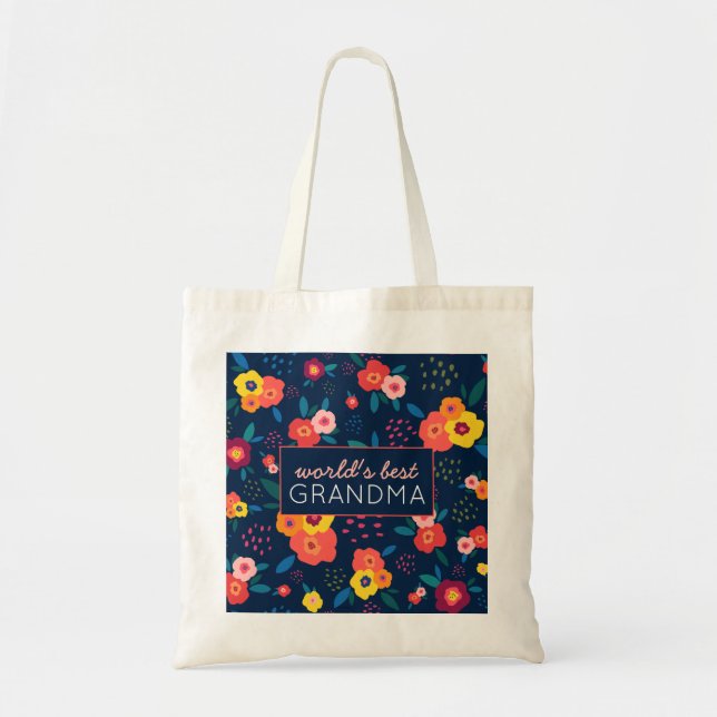 World's Best Grandma Floral Pattern Blue Pink Tote Bag (Front)