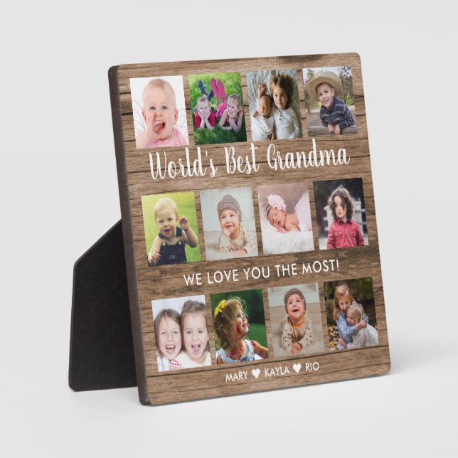 World's Best Grandma Grandkids 12 Photo Wood Plaque (Front)
