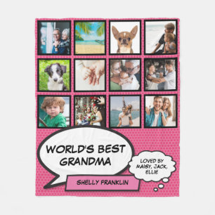 World's Best Grandma, Grandmother 12 Photo Pink Fleece Blanket
