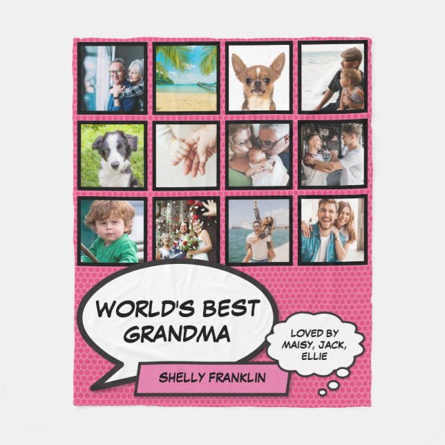 World's Best Grandma, Grandmother 12 Photo Pink Fleece Blanket (Front)