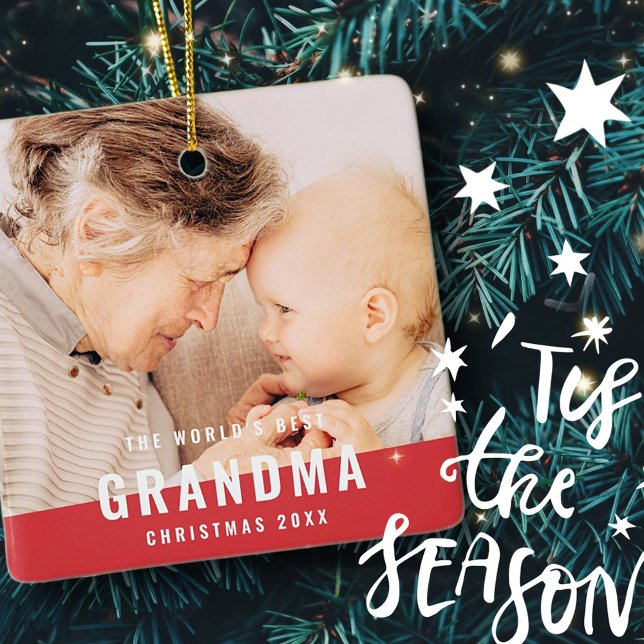 World's Best Grandma Modern Chic Photo Holiday Ceramic Ornament (Creator Uploaded)