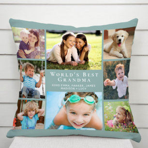 World's Best Grandma Photo Collage Green Cushion