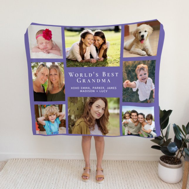 World's Best Grandma Photo Collage Purple Fleece Blanket (Creator Uploaded)
