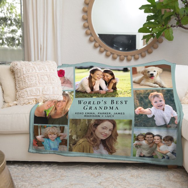 World's Best Grandma Photo Collage Sage Sherpa Blanket (Creator Uploaded)