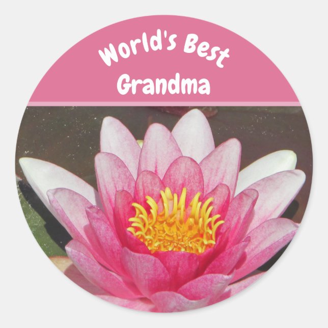  World's Best Grandma Vivid Pink Water Lily Flower Classic Round Sticker (Front)