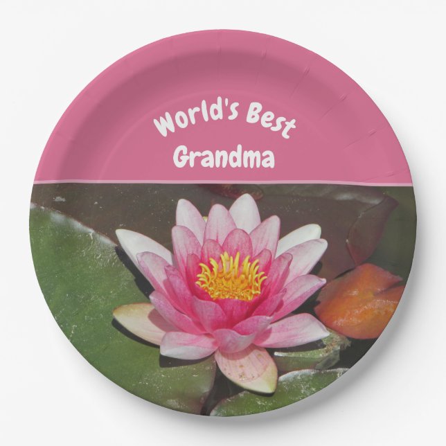  World's Best Grandma Vivid Pink Water Lily Flower Paper Plate (Front)