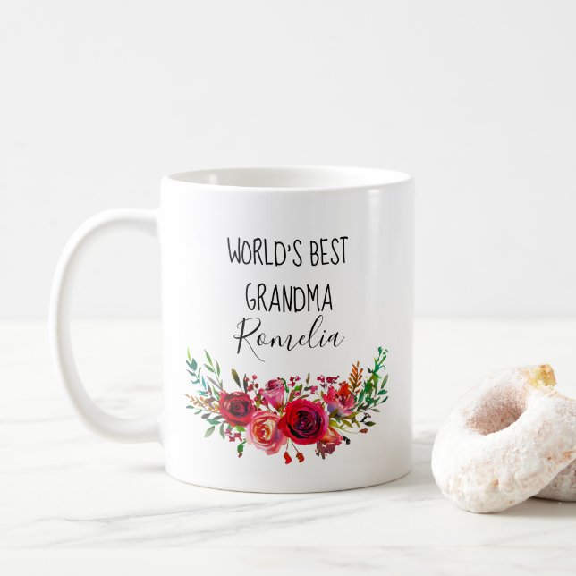 Worlds Best Grandma Watercolor Floral Coffee Mug (With Donut)
