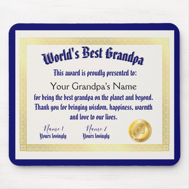 World's best grandpa award certificate mouse pad (Front)