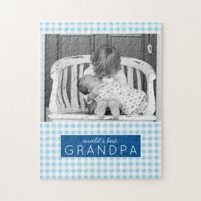World's Best Grandpa Blue Plaid Personalised Photo Jigsaw Puzzle (Vertical)