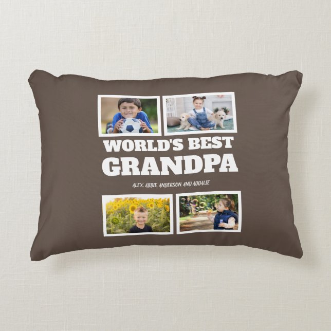 World's Best Grandpa Brown White Photo Collage  Decorative Cushion (Front)