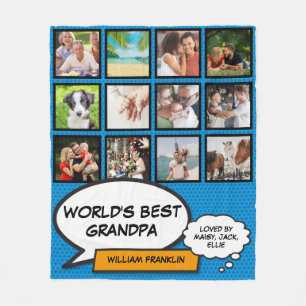 World's Best Grandpa, Grandfather 12 Photo Blue Fleece Blanket