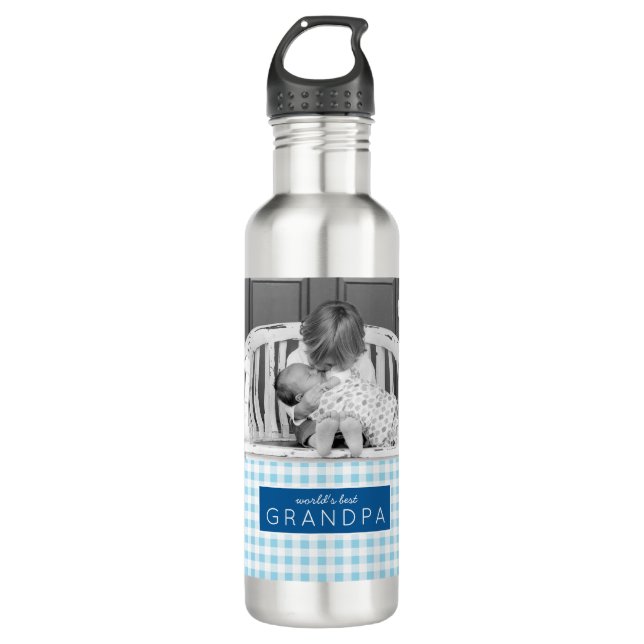 World's Best Grandpa Photo Personalized Blue Plaid 710 Ml Water Bottle (Front)