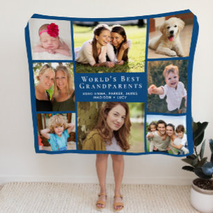 World's Best Grandparents 8 Photo Collage Blue Sherpa Blanket