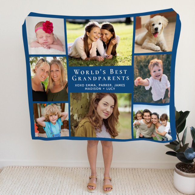 World's Best Grandparents 8 Photo Collage Blue Sherpa Blanket (Creator Uploaded)