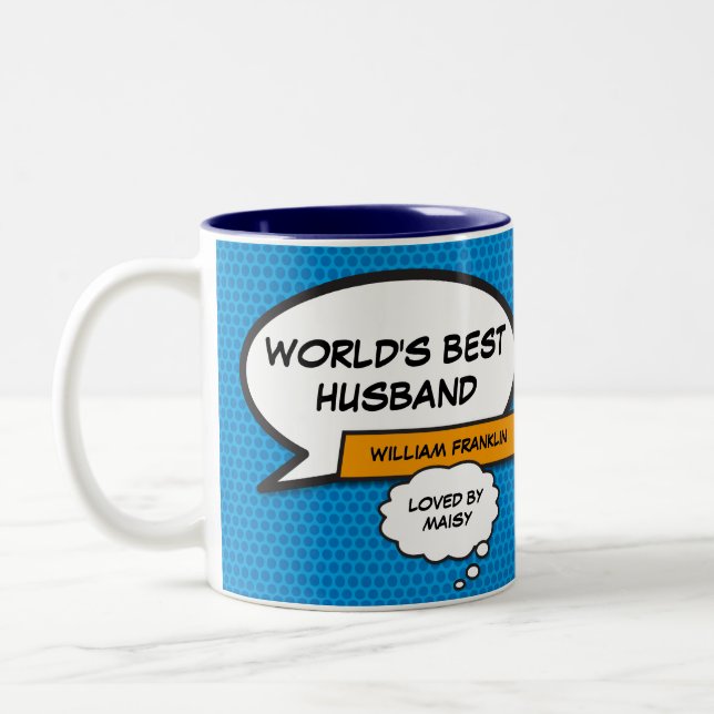World's Best Husband Blue Cool Fun Comic Book Two-Tone Coffee Mug (Left)