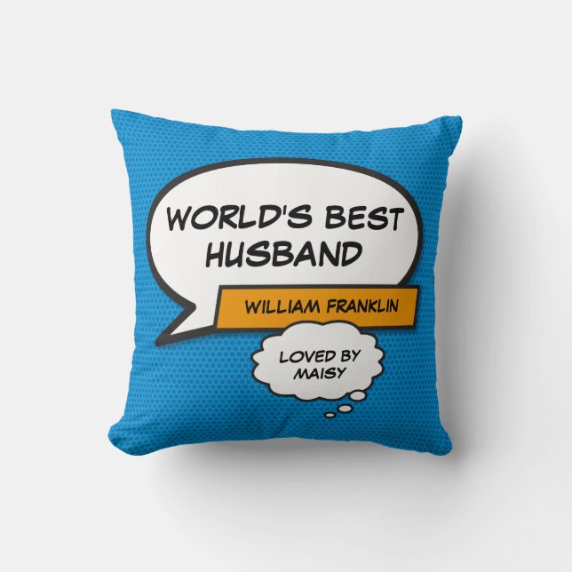 World's Best Husband Cool Fun Comic Blue Cushion (Front)