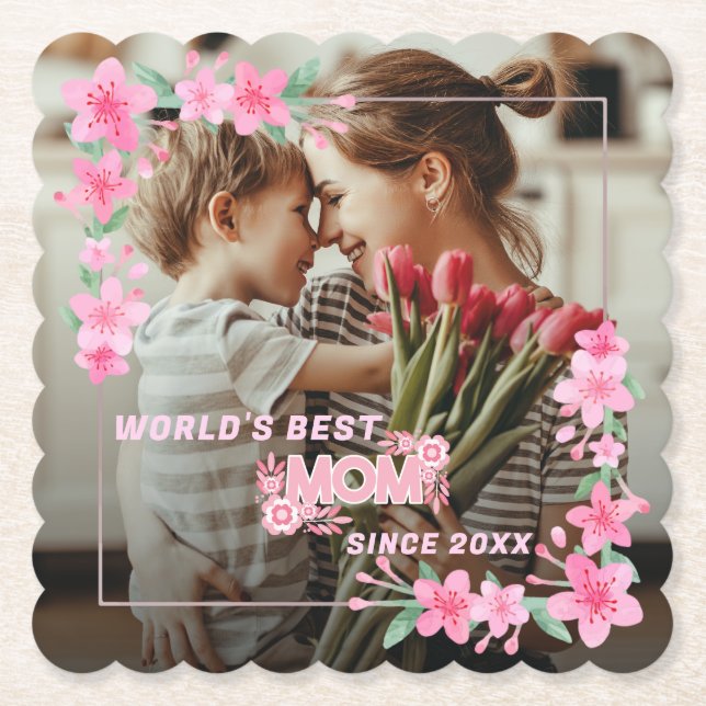 WORLD'S BEST MOM EVER Photo Floral Custom Text  Paper Coaster (Front)