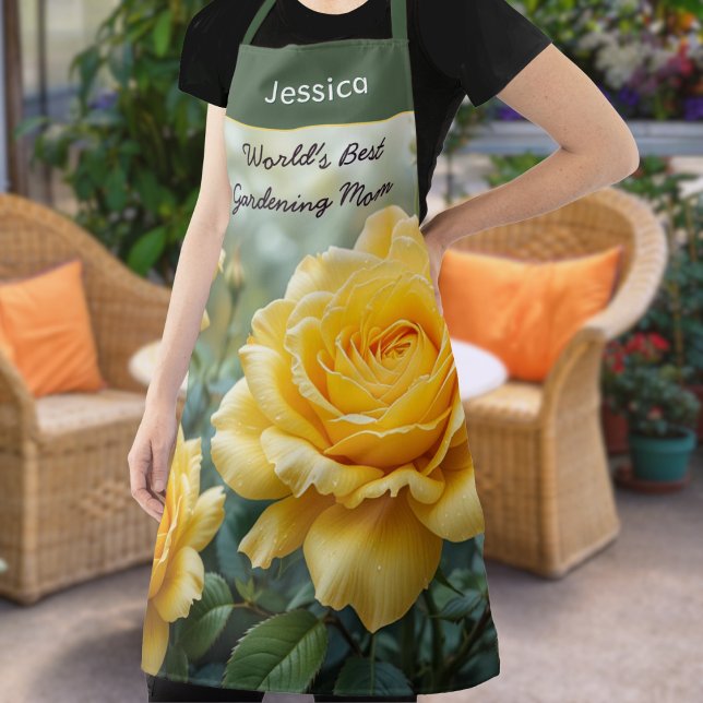 World's Best Mom Yellow Roses Garden Lover Kitchen Apron (A personalized apron for the 'World's Best Gardening Mom' with yellow rose picture)