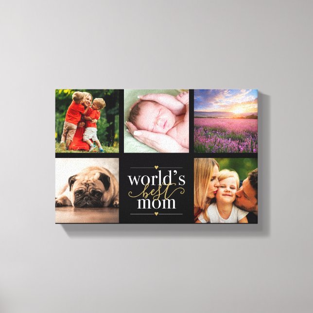 Worlds Best Mum 5 Photo Collage Black And Gold Canvas Print (Front)