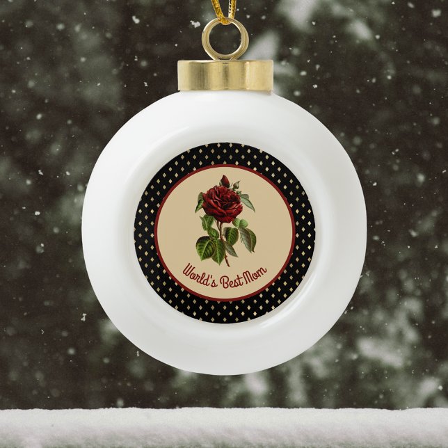 World's Best Mum Burgundy Rose on Black Harlequin Ceramic Ball Christmas Ornament (Creator Uploaded)