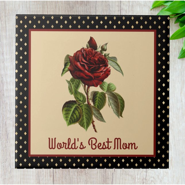 World's Best Mum Burgundy Rose on Black Harlequin Tile (Creator Uploaded)