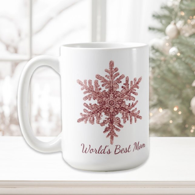 World's Best Mum Burgundy Snowflake Coffee Mug (Rose gold Christmas snowflake "World's Best Mom" coffee/cocoa mug)