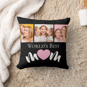Worlds Best Mum Cute Heart Elegant Black 3 Photo Cushion