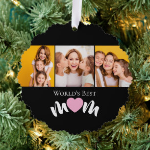 Worlds Best Mum Cute Heart Elegant Black 3 Photo Tree Decoration Card